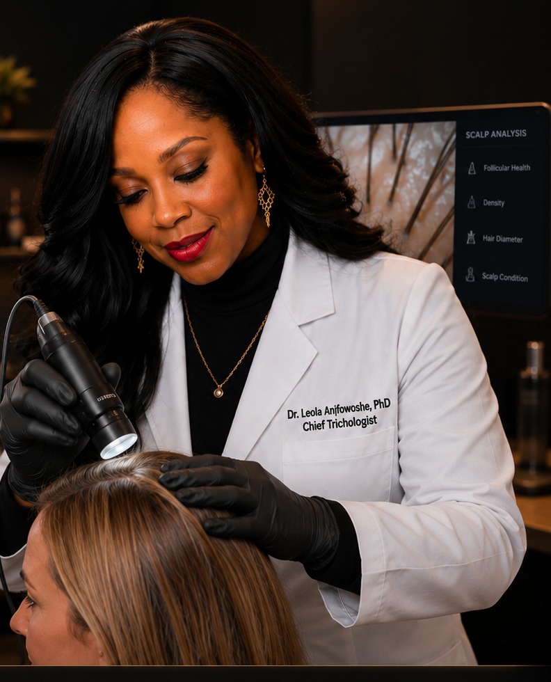 Dr. Leola Anifowoshe examining the scalp with a trichoscope